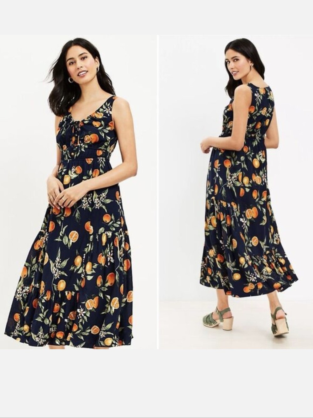 Loft Orange Harvest Cotton Tiered Button And Tie Neck Midi Dress Size 00 Petite